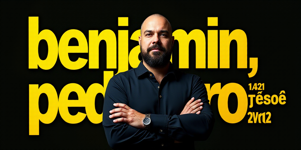 a man with his arms crossed standing in front of a black and yellow background with the words benjam