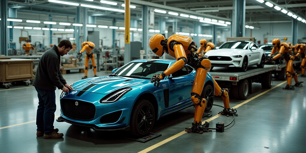 a man working on a car in a factory with a car being assembled on a machine and a car being assemble
