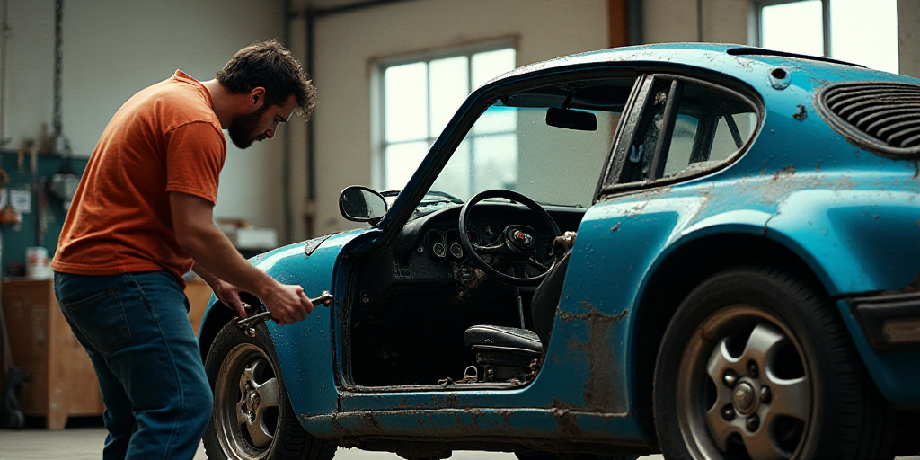 a man working on a car in a garage with a wrench and a wrench in his hand, Dahlov Ipcar, ex machina,