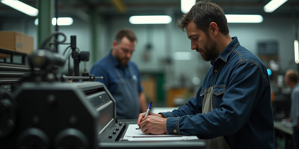 a man working on a machine in a factory with another man in the background looking at the machine an