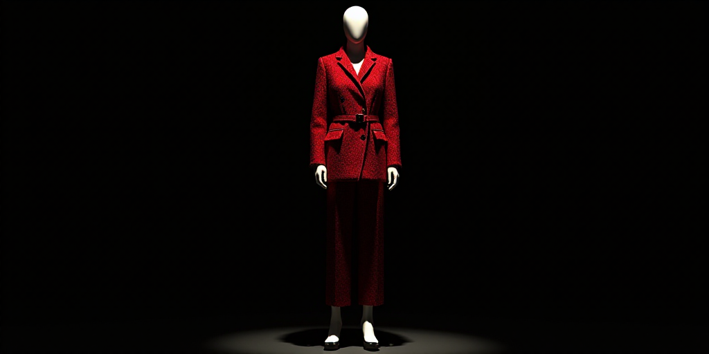 a mannequin dressed in a red leopard print coat and matching pants stands in front of a black backgr