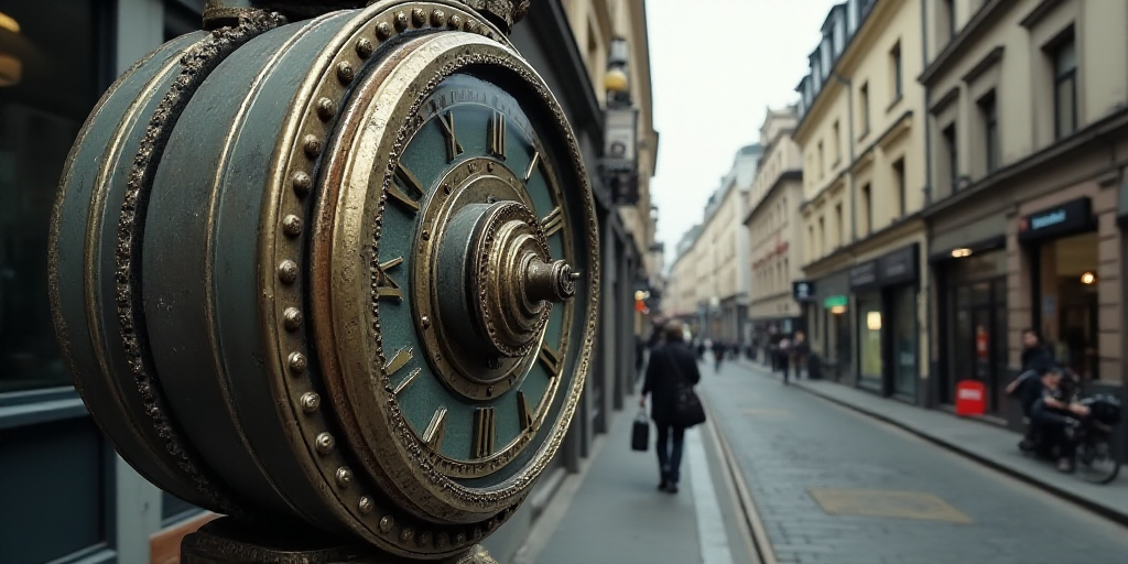 a metal clock with a circular design on it's face and a city street in the background with buildings