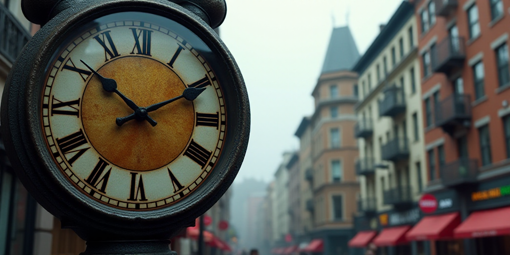 a metal clock with a circular design on it's face and a city street in the background with buildings
