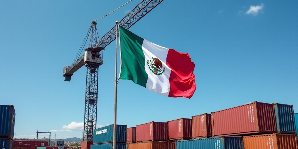 a mexican flag hanging from a crane in a container yard with a blue sky in the background and a few