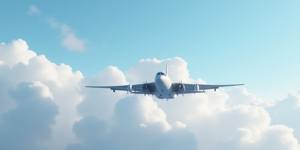 a military plane flying through the clouds in the sky with a blue sky background and white clouds be