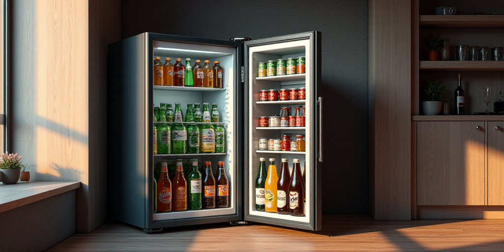 a mini fridge with a variety of drinks in it's door and shelves with drinks in it's doors, Évariste
