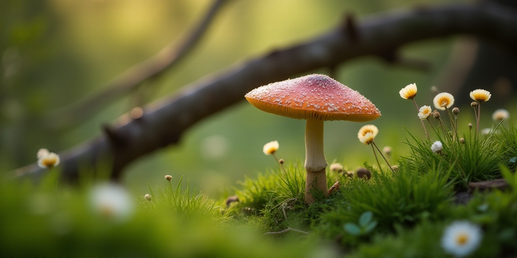 a mushroom sitting in the grass near a tree branch and flowers in the background, with a blurry back