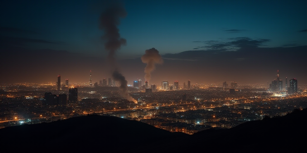 a night time view of a city with a lot of lights and a lot of smoke coming out of the sky, Bouchta E