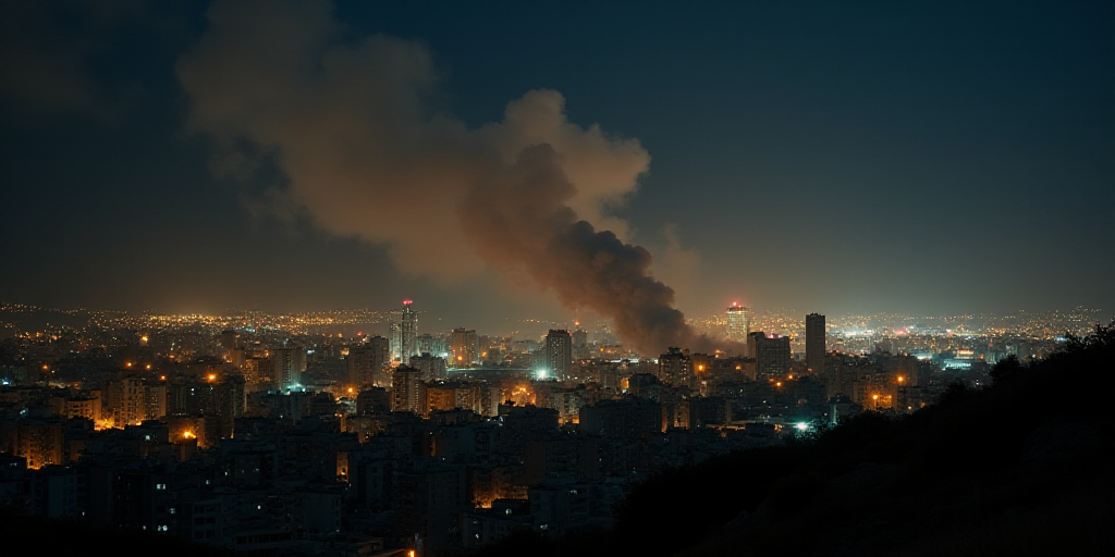 a night time view of a city with a lot of lights and a lot of smoke coming out of the sky, Bouchta E