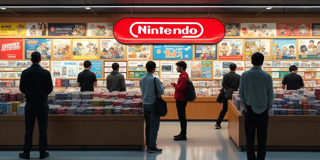 a nintendo store with a bunch of advertisements on the wall and people standing around the store are