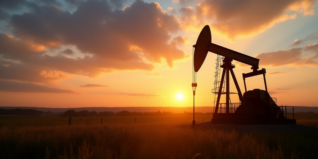 a oil pump sitting on top of a field at sunset with a sky background and clouds in the background, A