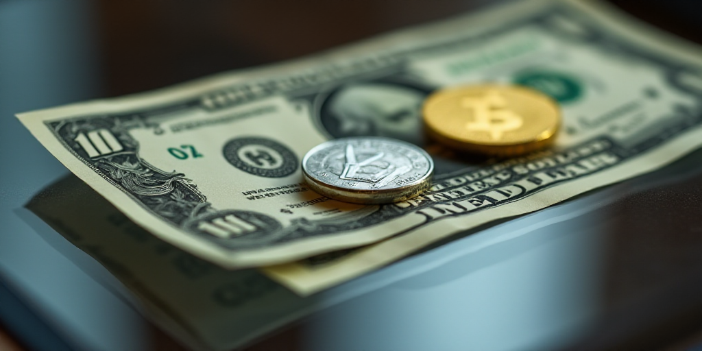 a one dollar bill and a gold and silver coin on a reflective surface with a reflection of the dollar