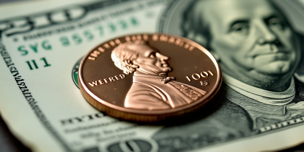 a one dollar bill with a penny on top of it, with the image of george washington on it, Benjamin Fra