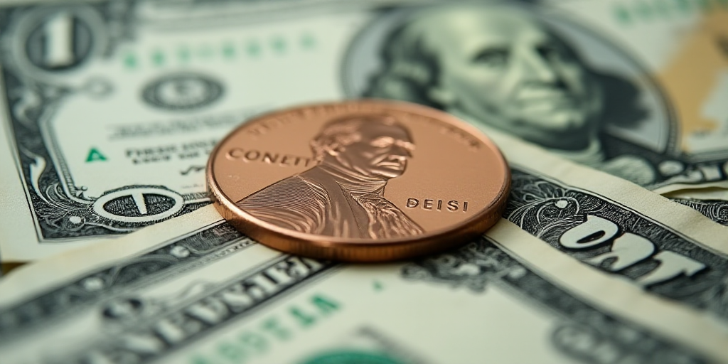 a one dollar bill with a penny on top of it, with the image of george washington on it, Benjamin Fra