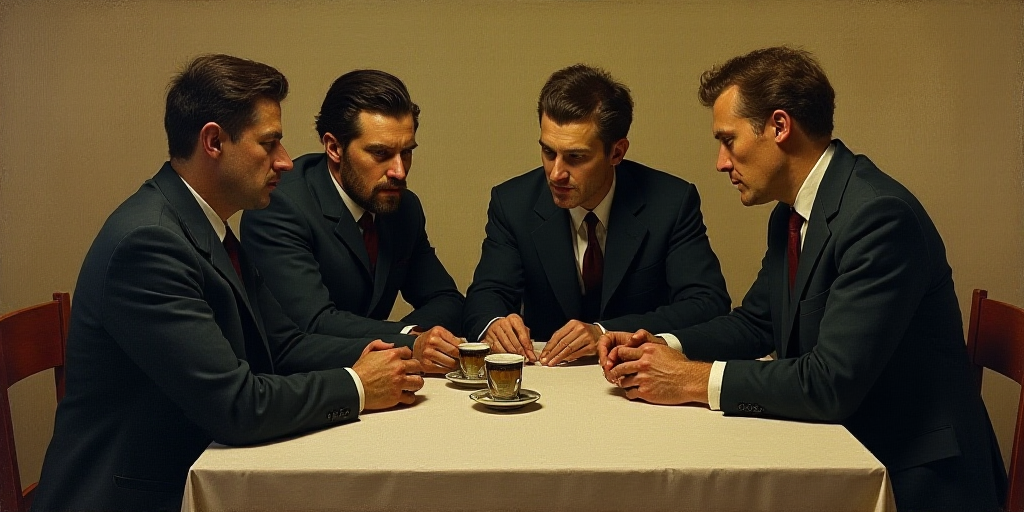 a painting of a group of people sitting around a table with a cup of coffee in front of them, Albin