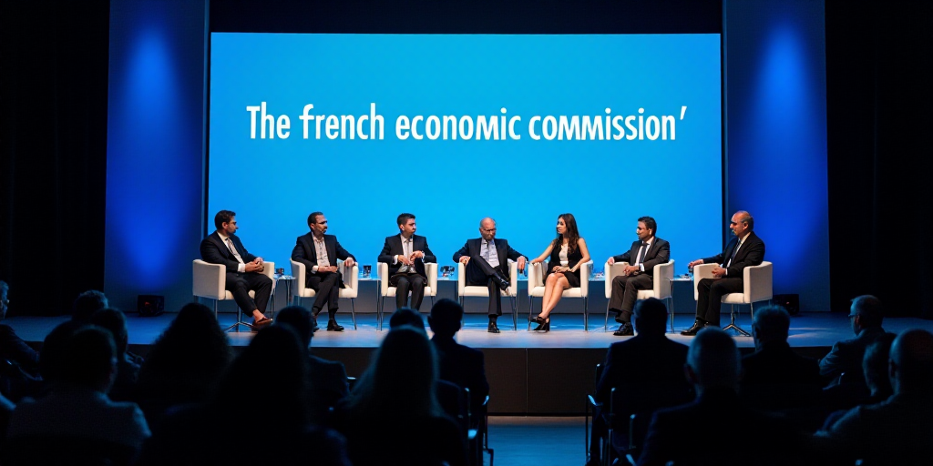 a panel of people sitting on stage at a conference with a screen behind them that says,'the french e