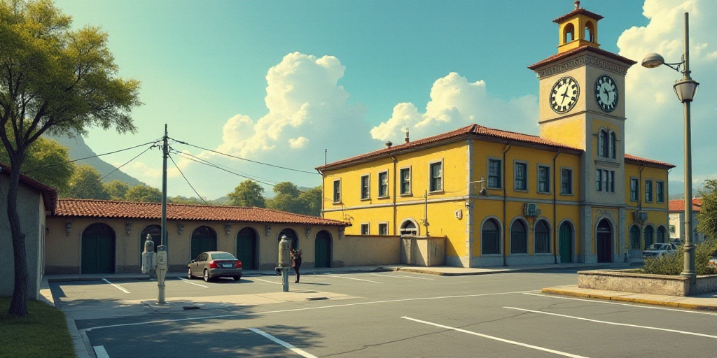 a parking lot with a parking meter and a building in the background with a clock on it's side, Engue