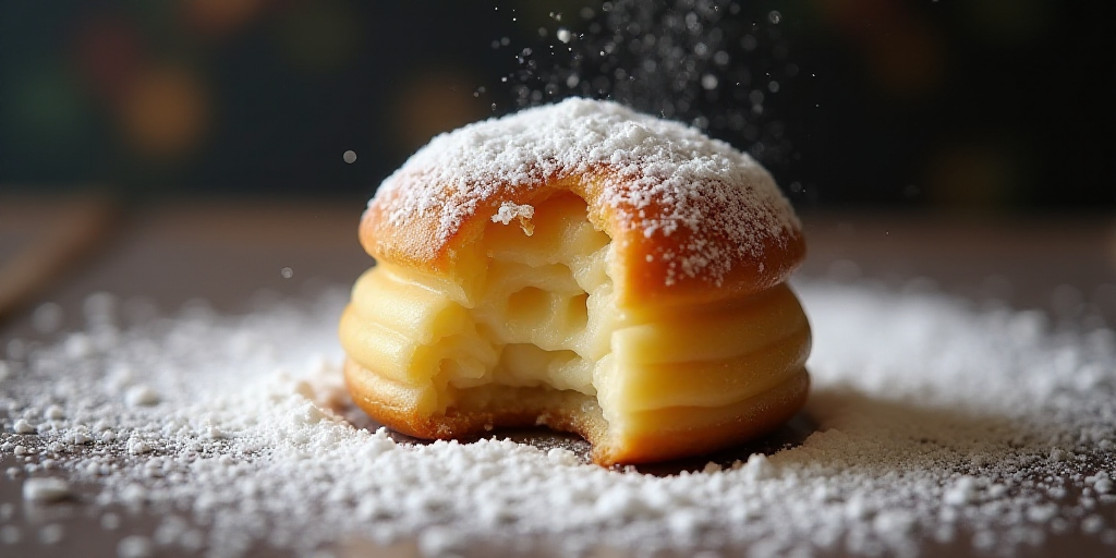 a pastry with a bite taken out of it sitting on a table with powdered sugar on top of it, Colijn de
