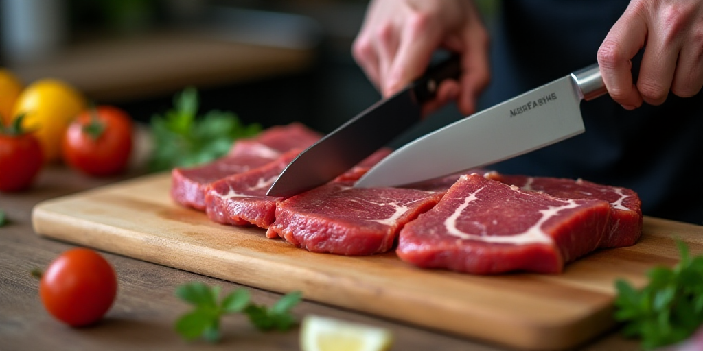 a person cutting up a piece of meat with a knife on a cutting board with a knife in it, Christian Hi
