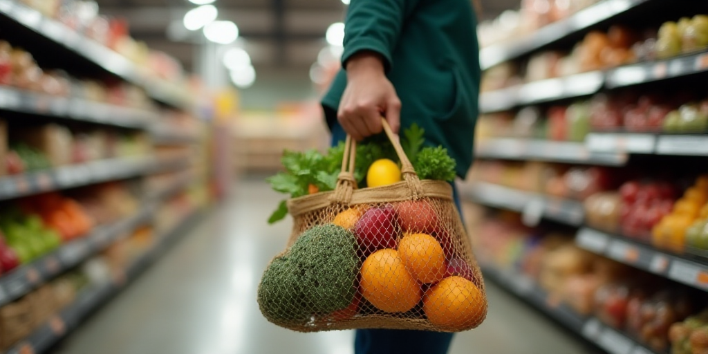 a person holding a bag of fruit and vegetables in a grocery store aisle with a display of shelves of