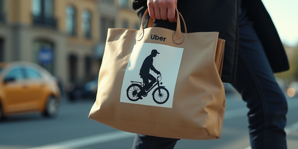 a person holding a bag with a picture of a man riding a bike on it and a sign that says uber, Dahlov