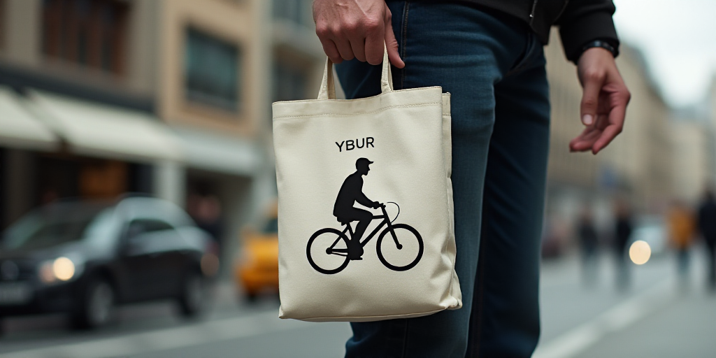 a person holding a bag with a picture of a man riding a bike on it and a sign that says uber, Dahlov