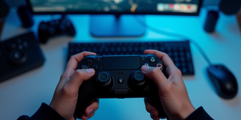 a person holding a black controller in front of a keyboard and a mouse on a desk with a blue backgro