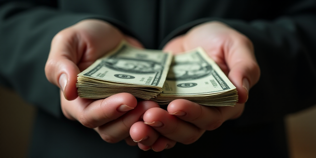a person holding a bunch of money in their hands with both hands on top of each other and the other