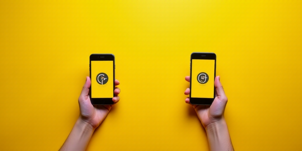 a person holding a cell phone with a logo on it's screen and a hand holding a cell phone with a logo