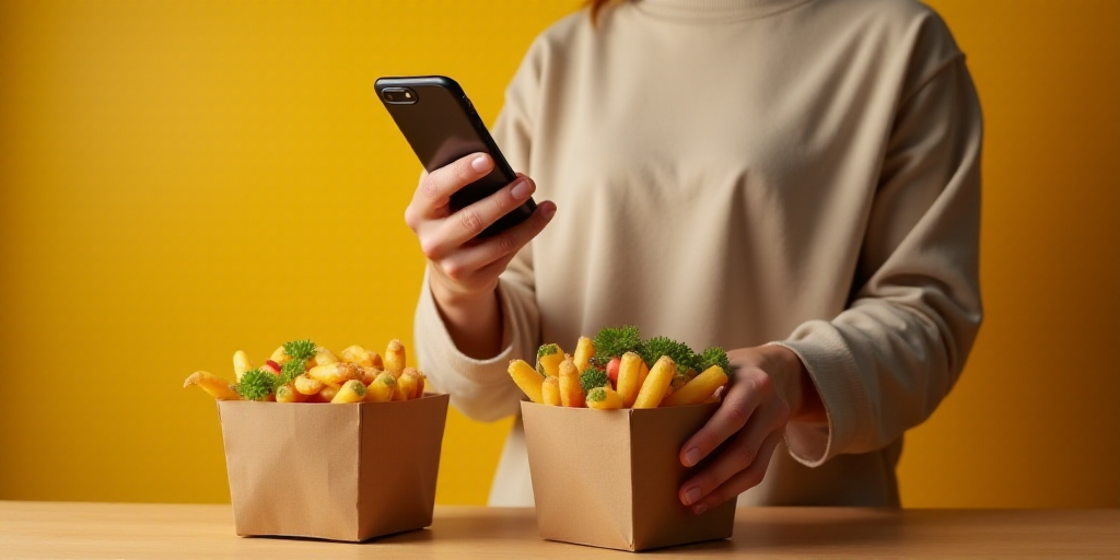 a person holding a cell phone and a carton of food in their hands with a carton of food in front of