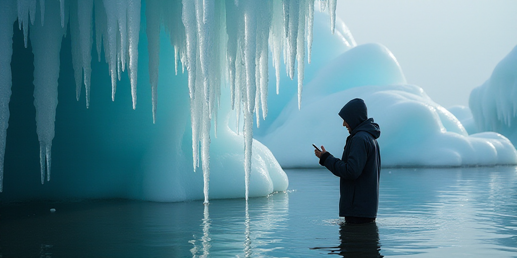 a person holding a cell phone in their hand while standing in the water with a bunch of icicles hang