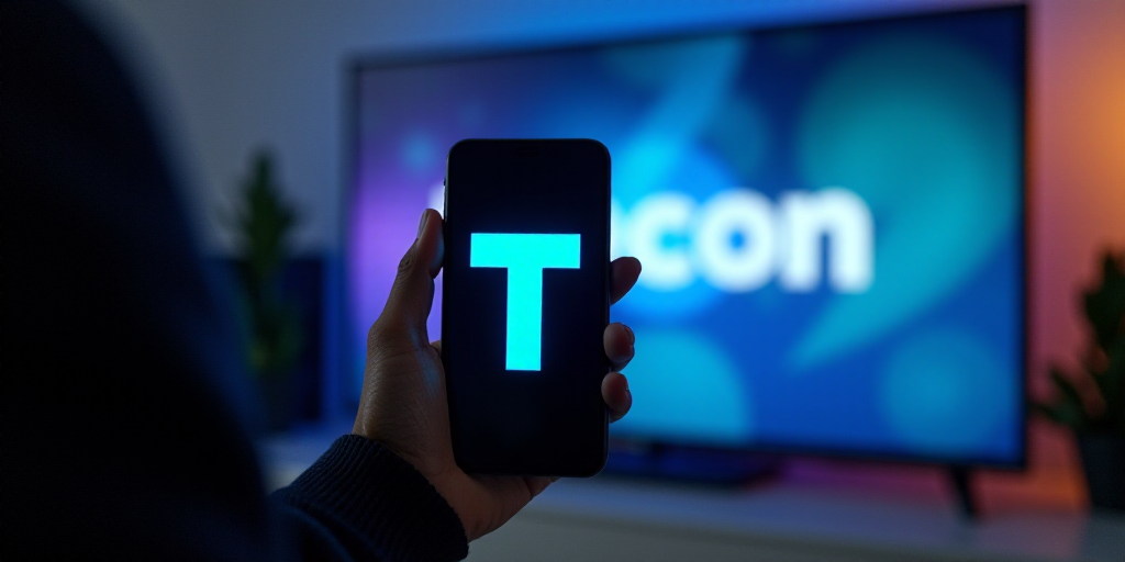 a person holding a cell phone with a telecon logo on it in front of a television screen, Edi Rama, n