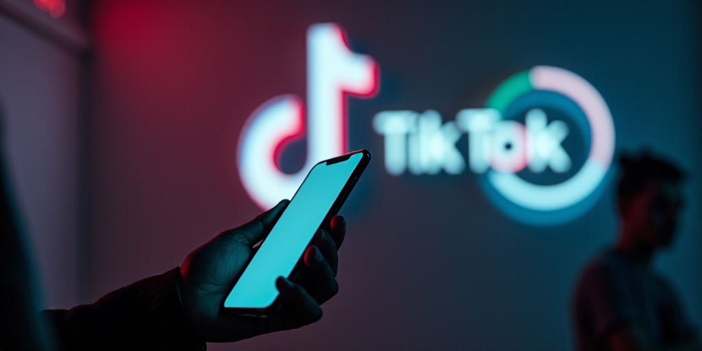 a person holding a cell phone in their hand with a tik tok logo in the background on a wall, Aquirax
