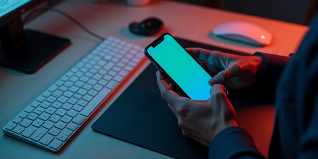 a person holding a cell phone next to a keyboard and a keyboard pad on a desk with a keyboard, Andri