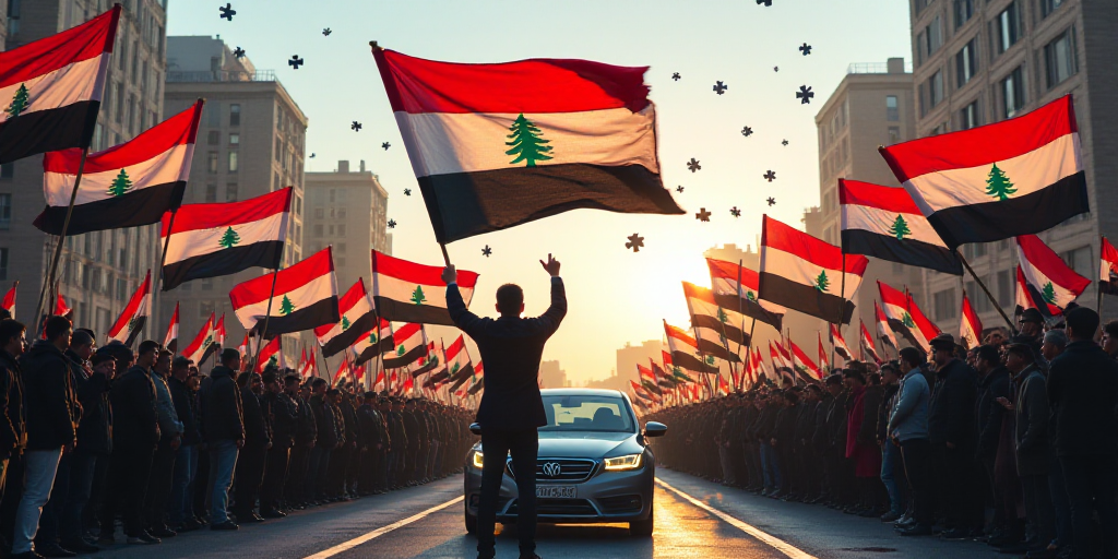 a person holding a flag in front of a crowd of people holding flags and banners in the air and a car