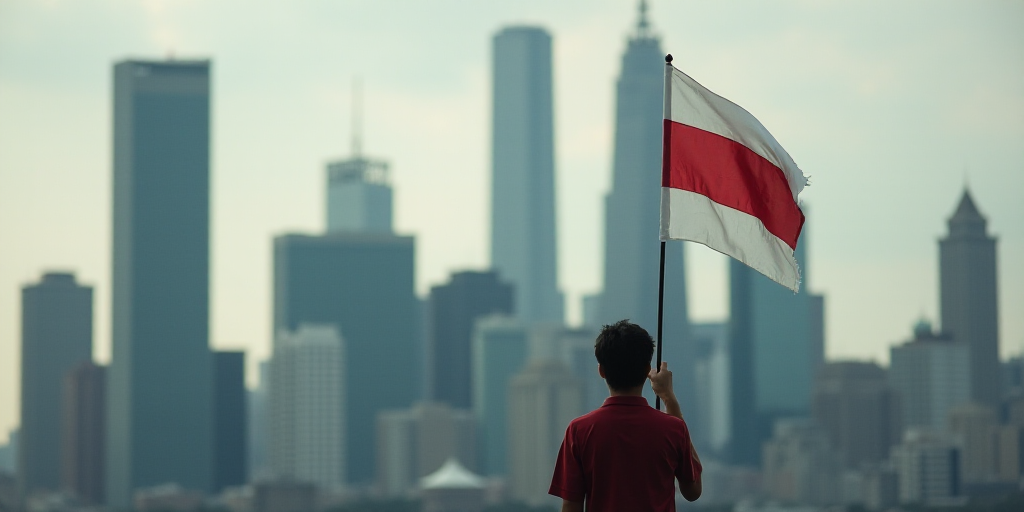 a person holding a flag in front of a city skyline with tall buildings in the background and a cloud