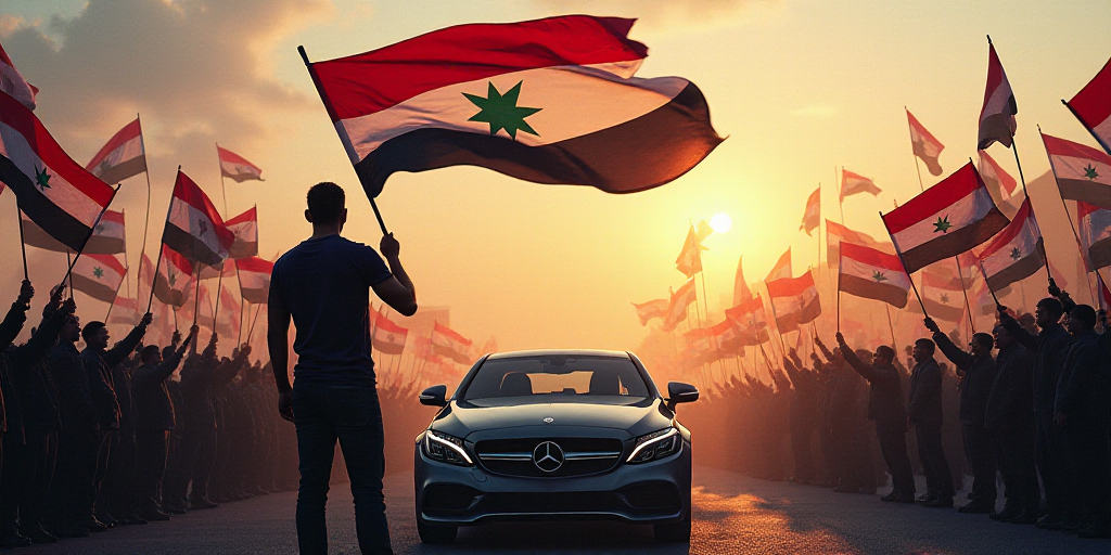 a person holding a flag in front of a crowd of people holding flags and banners in the air and a car