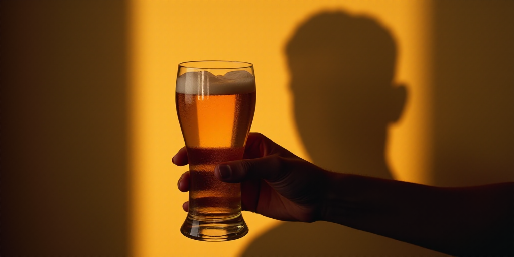 a person holding a glass of beer in their hand and a shadow of a person behind them with a cell phon