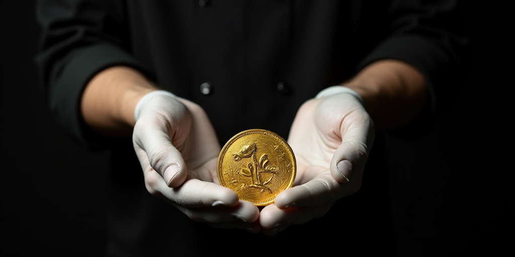 a person holding a gold coin in their hands with a black background and a white gloved hand holding