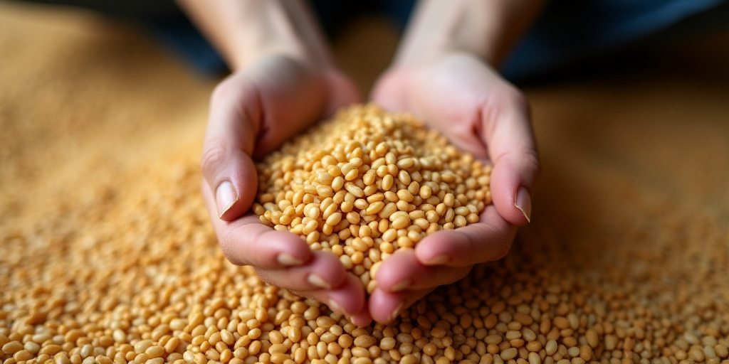 a person holding a handful of grain in their hands on a carpet of grain grains in a pile of grain, C