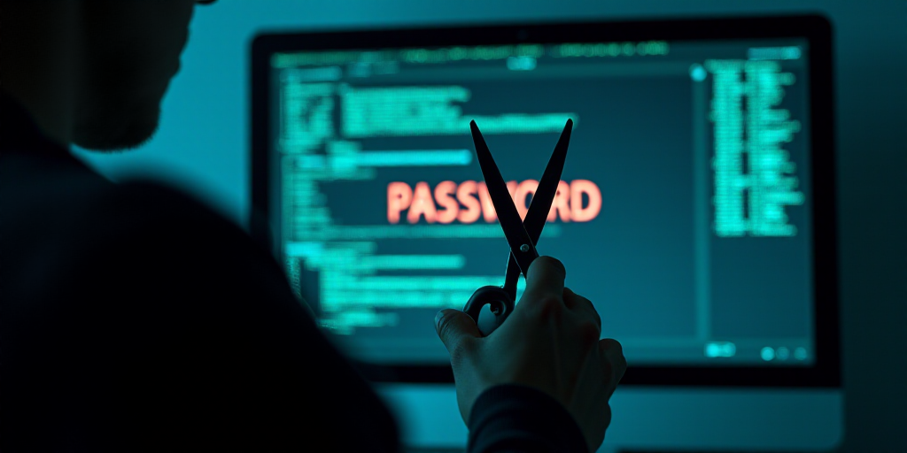 a person holding a pair of scissors in front of a computer screen with the word password printed on