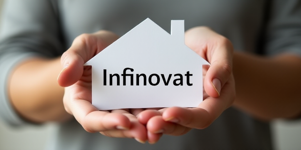 a person holding a paper house with the word infinovat on it and two hands holding it, Avgust Černi
