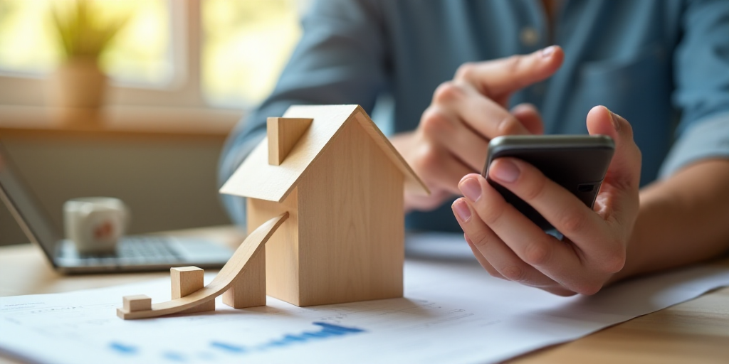 a person holding a phone and pointing to a house model with a rising graph behind it on a table, And