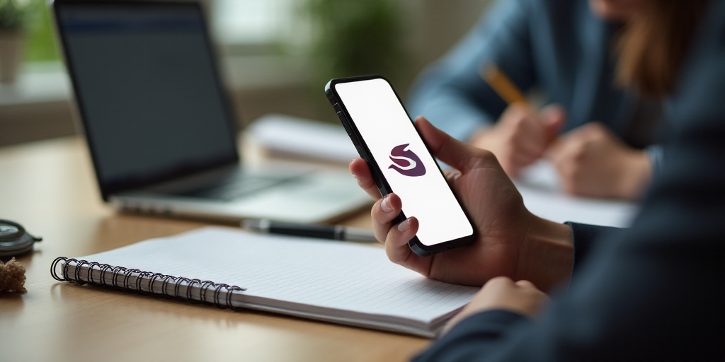 a person holding a phone with a logo on it next to a notebook and a pen on a desk, Carpoforo Tencall