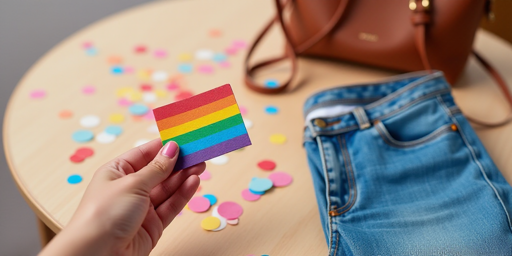 a person holding a pride sign next to a bag and a pair of jeans on a table with confetti, Annabel Ki