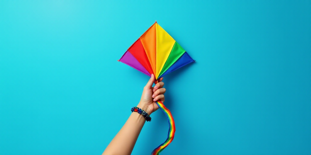 a person holding a rainbow colored kite on a blue background with a rainbow colored ribbon around it