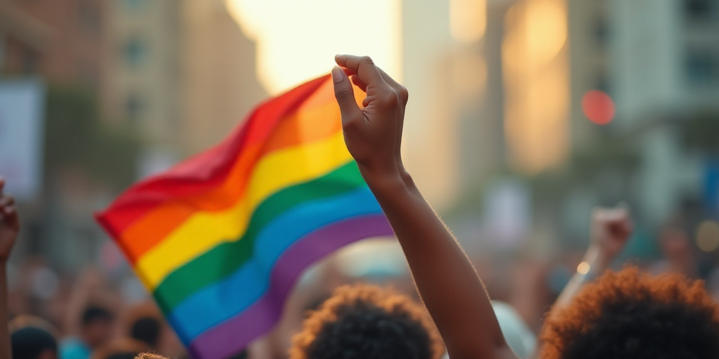 a person holding a rainbow flag in their hand and raising their fist up in the air with a blurry bac