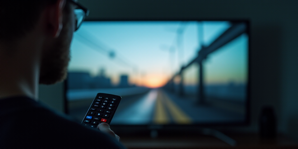 a person holding a remote control in front of a television screen with a television on it's side, Av