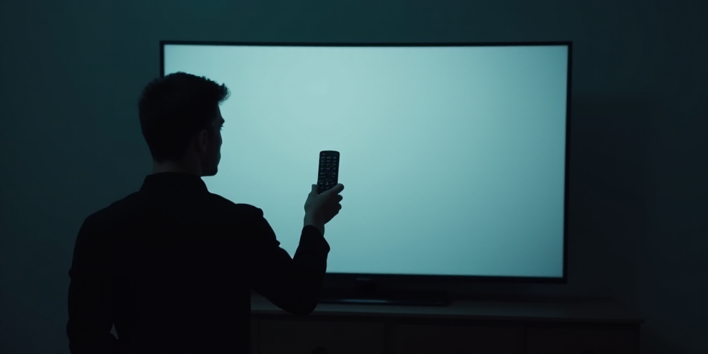 a person holding a remote control in front of a television screen with a television on it's side, Av