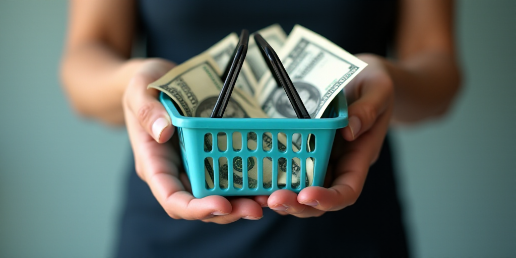 a person holding a shopping basket full of money in it's hands and a blue plastic object in the othe